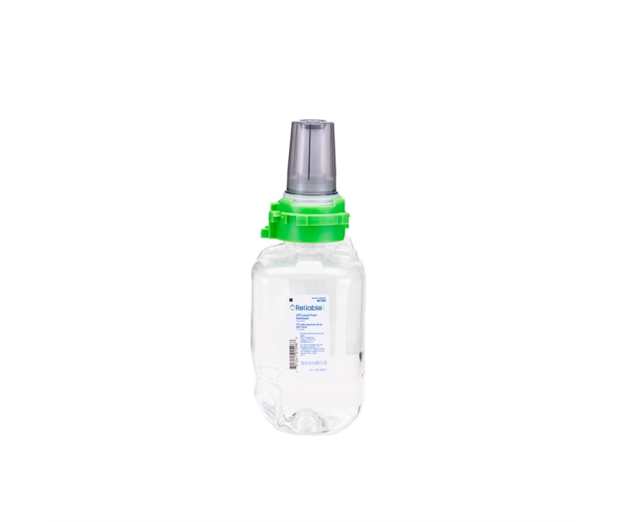 A clear plastic bottle with a green cap and a gray nozzle, used for dispensing liquid. Reliable Brand® Clear Unscented Luxury Foam Slim Handwash (700 ml., 4 Bottles/CS)